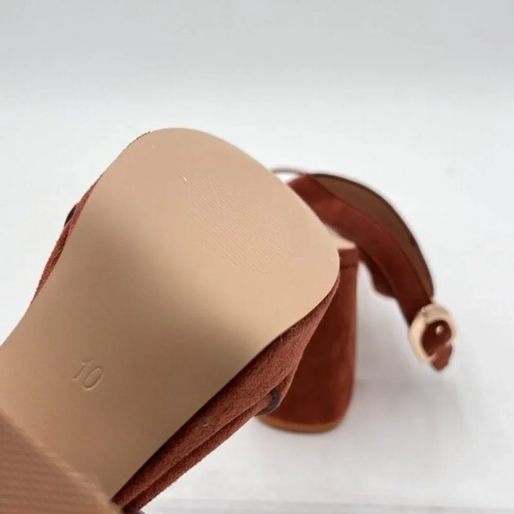 FOWT Brown Open Toe Platfrom Chunky Heel Slingbacks Buckle Wide Band Sandals - Picture 6 of 8